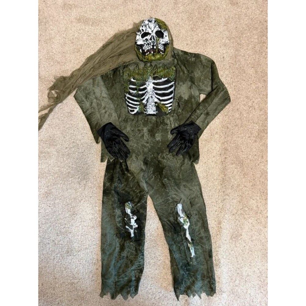 Boys Swamp Monster Zombie Costume Large 12-14 Skeleton Ghoul Mask Shirt Pants